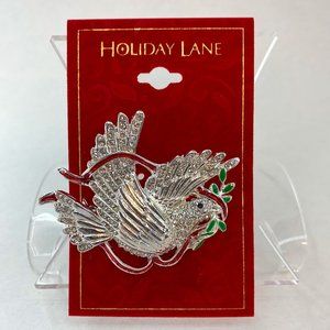 Holiday Lane Silver & Crystal Winged Dove with Red Ribbon Christmas Pin Brooch